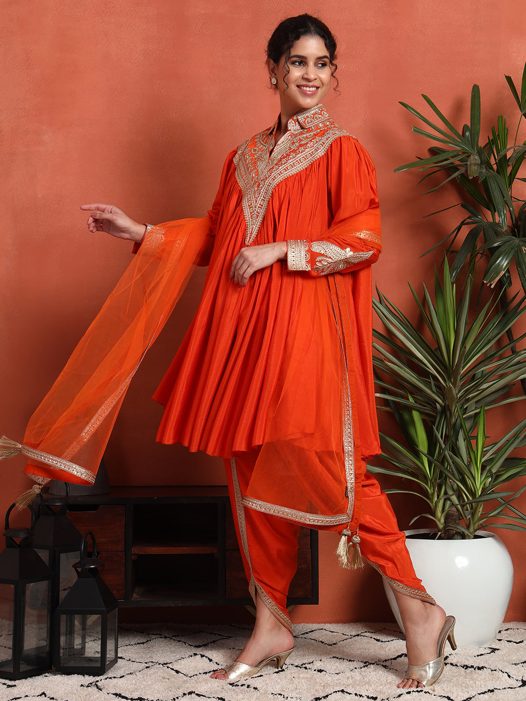 Women's Embroidered Silk Blend Kurta, Dhoti Pant & Dupatta Set