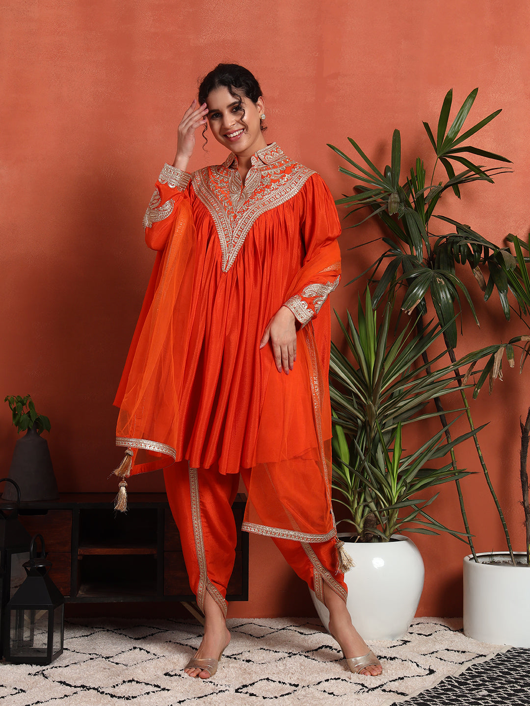 Women's Embroidered Silk Blend Kurta, Dhoti Pant & Dupatta Set