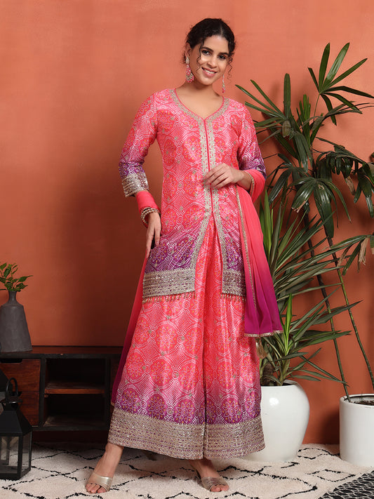Women's Bandhani Printed Silk Blend Kurta and Palazzo Set