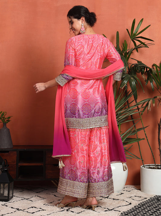 Women's Bandhani Printed Silk Blend Kurta and Palazzo Set