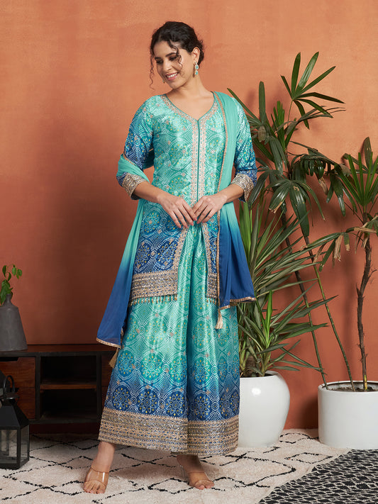 Women's Bandhani Silk Blend Kurta and Palazzo Set