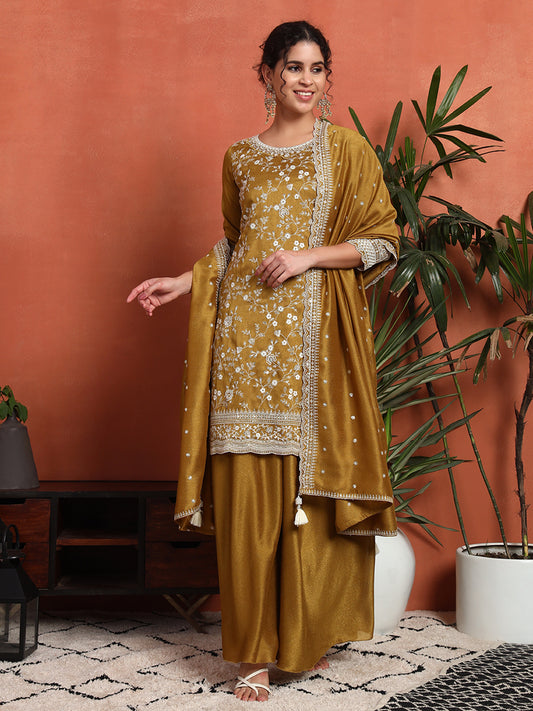 Women's Embroidered Silk Blend Kurta and Palazzo Set