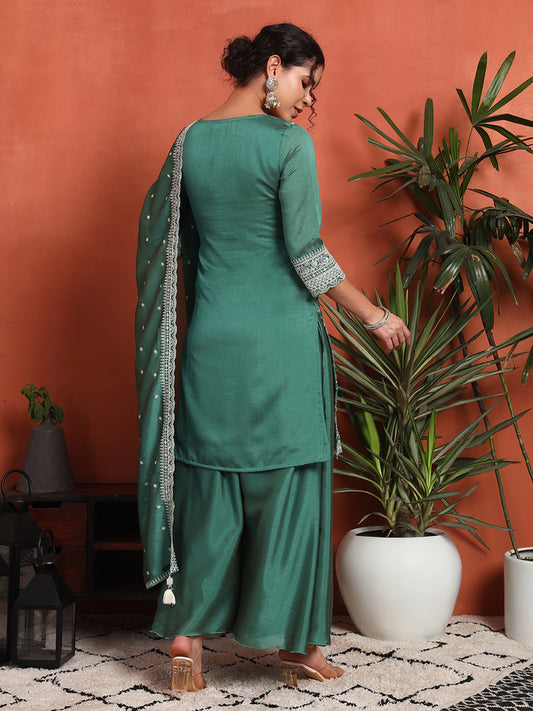 Women's Embroidered Silk Blend Kurta and Palazzo Set
