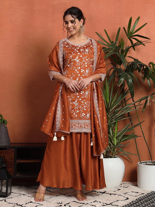 Women's Embroidered Silk Blend Kurta and Palazzo Set