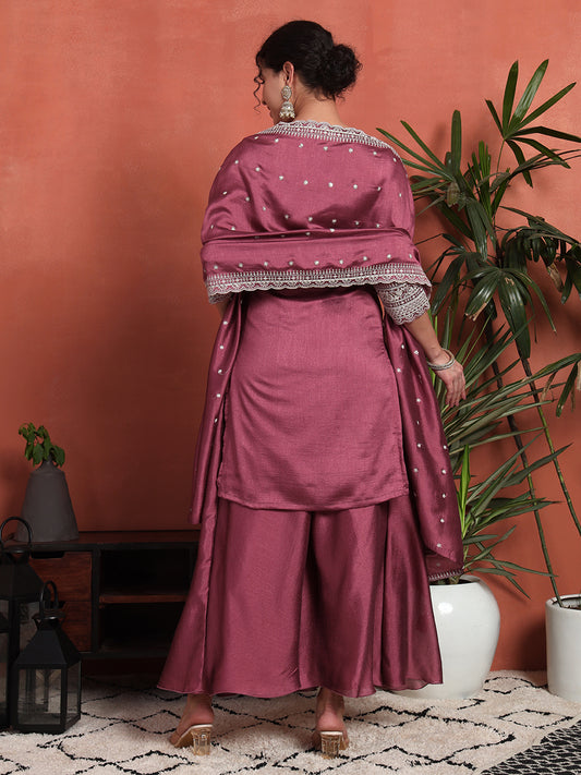 Women's Embroidered Silk Blend Kurta and Palazzo Set