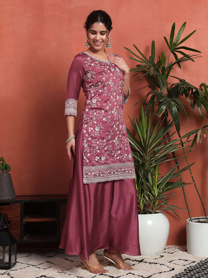 Women's Embroidered Silk Blend Kurta and Palazzo Set