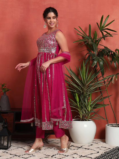 Women's Silver Embellished Georgette Kurta, Pyjama & Dupatta Set