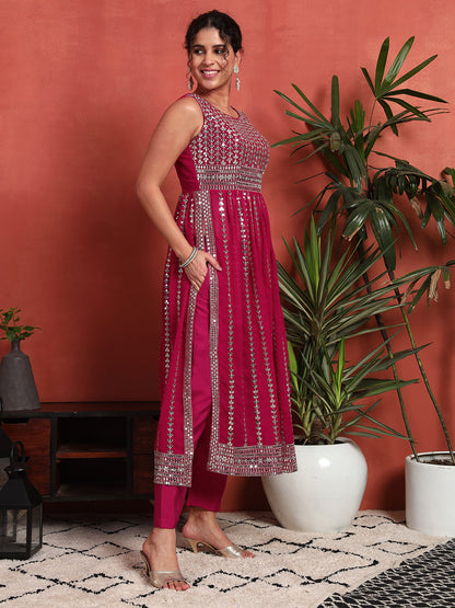 Women's Silver Embellished Georgette Kurta, Pyjama & Dupatta Set
