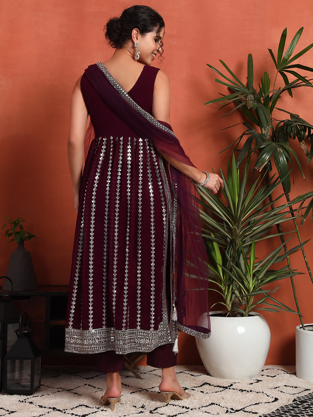 Women's Silver Embellished Georgette Kurta, Pyjama & Dupatta Set