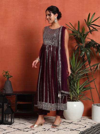 Women's Silver Embellished Georgette Kurta, Pyjama & Dupatta Set