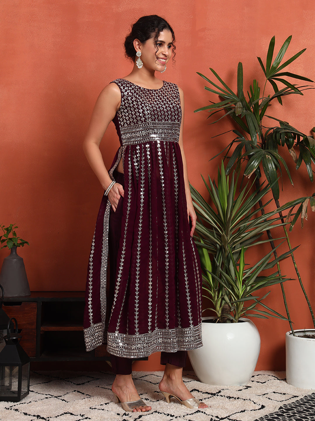 Women's Silver Embellished Georgette Kurta, Pyjama & Dupatta Set