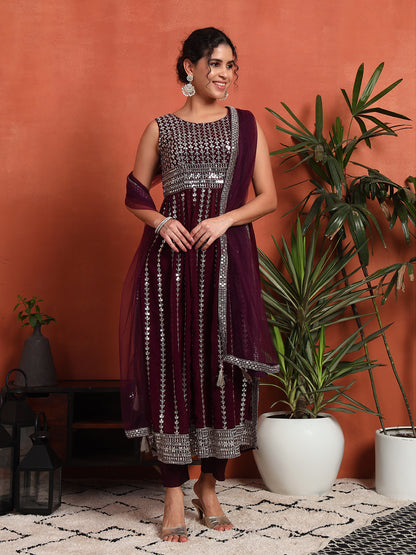 Women's Silver Embellished Georgette Kurta, Pyjama & Dupatta Set