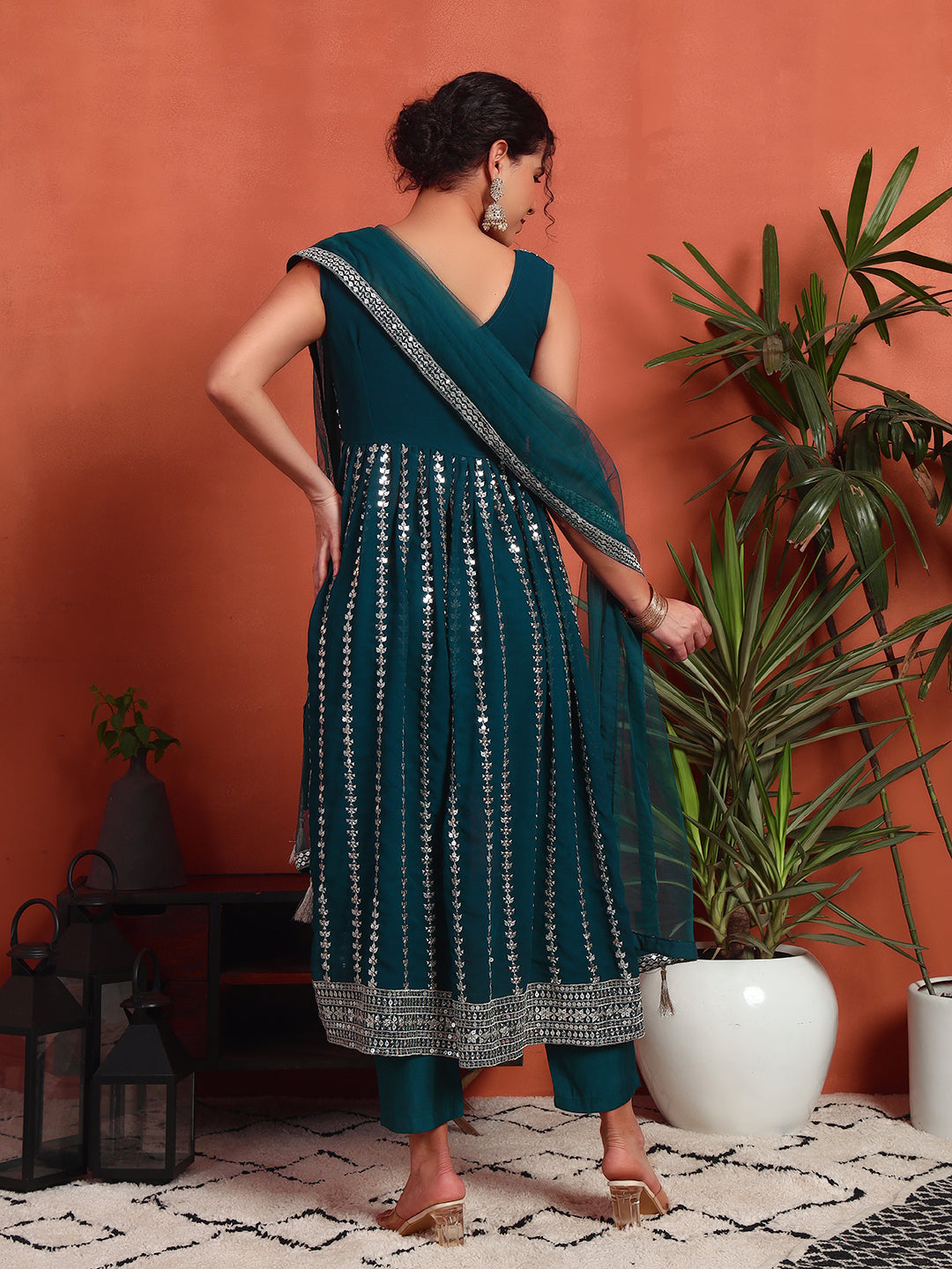 Women's Silver Embellished Georgette Kurta, Pyjama & Dupatta Set