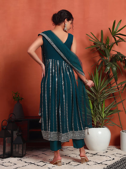 Women's Silver Embellished Georgette Kurta, Pyjama & Dupatta Set