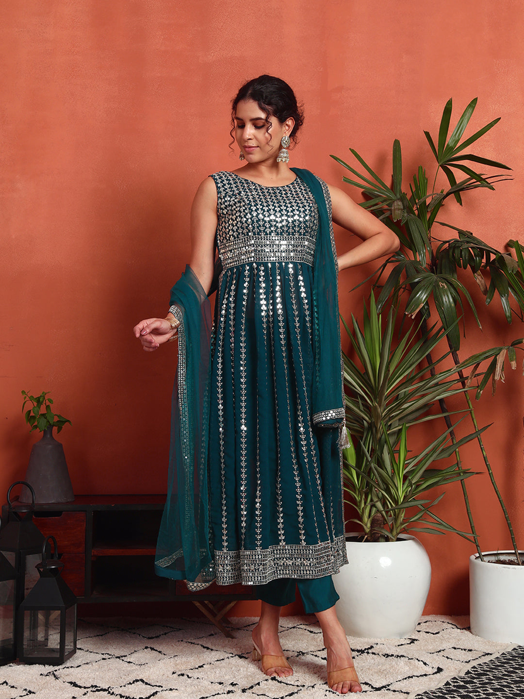 Women's Silver Embellished Georgette Kurta, Pyjama & Dupatta Set