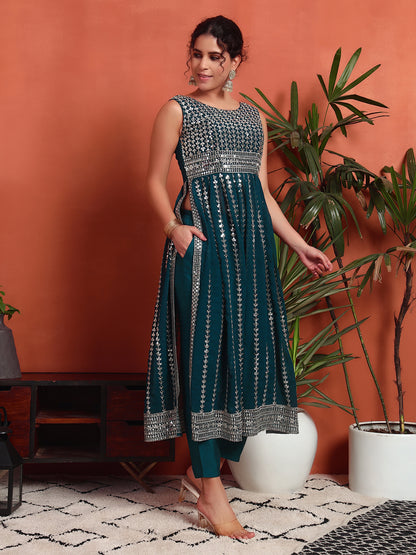 Women's Silver Embellished Georgette Kurta, Pyjama & Dupatta Set