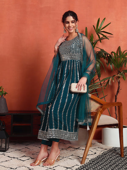 Women's Silver Embellished Georgette Kurta, Pyjama & Dupatta Set