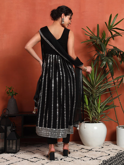 Women's Silver Embellished Georgette Kurta, Pyjama & Dupatta Set