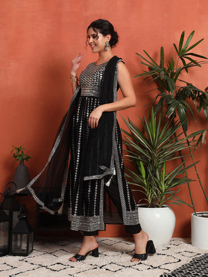Women's Silver Embellished Georgette Kurta, Pyjama & Dupatta Set
