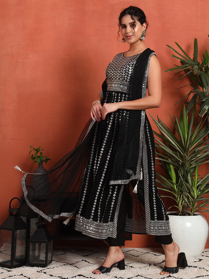 Women's Silver Embellished Georgette Kurta, Pyjama & Dupatta Set