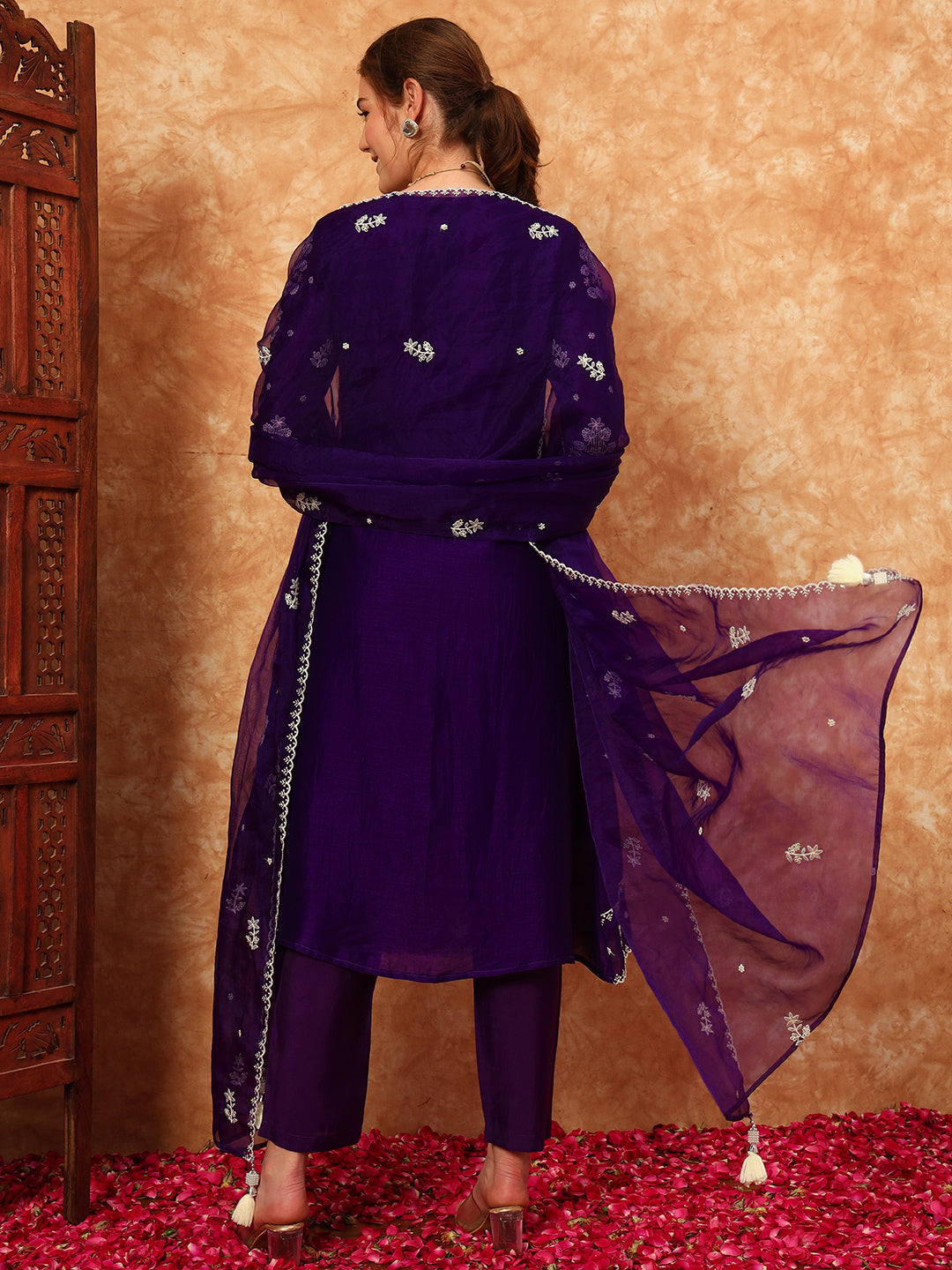 Women's Embroidered Silk Kurta, Pyjama & Dupatta Set