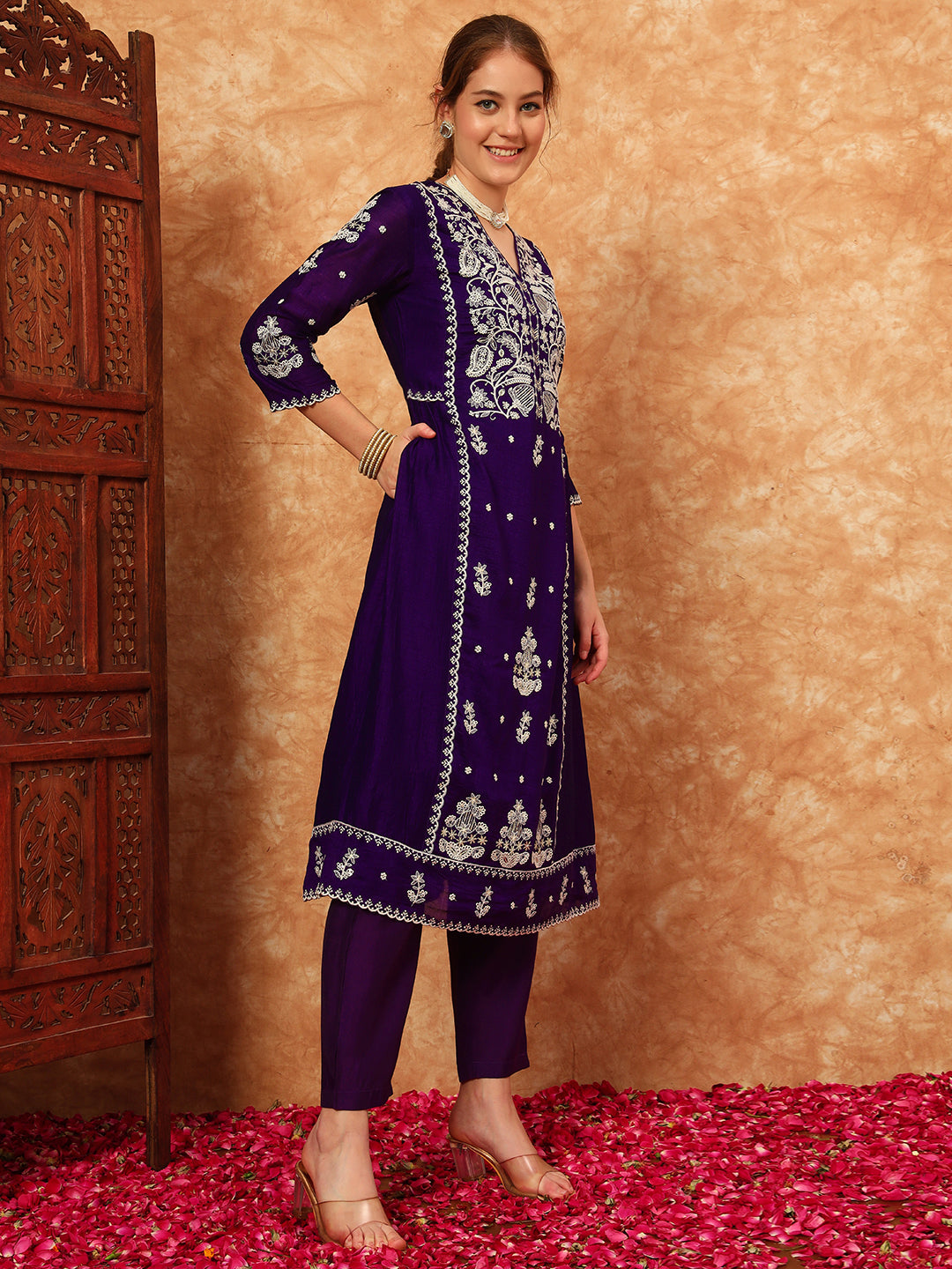Women's Embroidered Silk Kurta, Pyjama & Dupatta Set