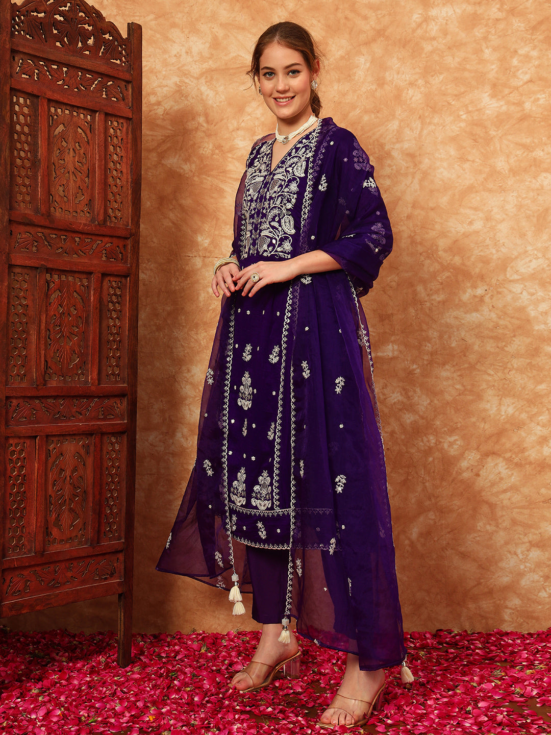 Women's Embroidered Silk Kurta, Pyjama & Dupatta Set