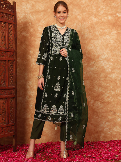 Women's Embroidered Silk Kurta, Pyjama & Dupatta Set