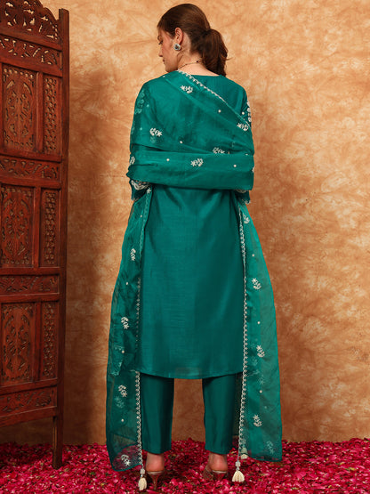 Women's Embroidered Silk Kurta, Pyjama & Dupatta Set