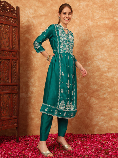 Women's Embroidered Silk Kurta, Pyjama & Dupatta Set
