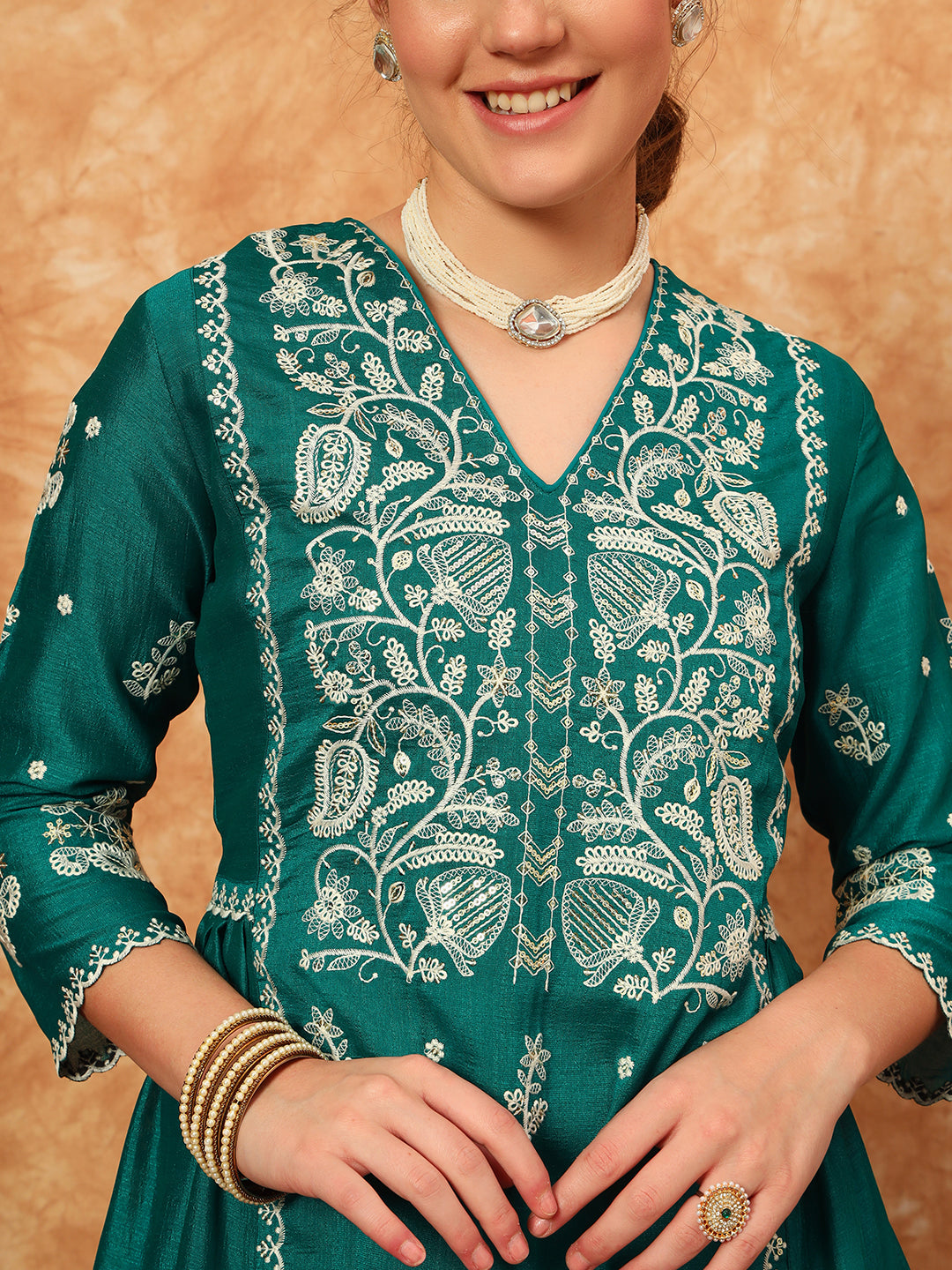 Women's Embroidered Silk Kurta, Pyjama & Dupatta Set
