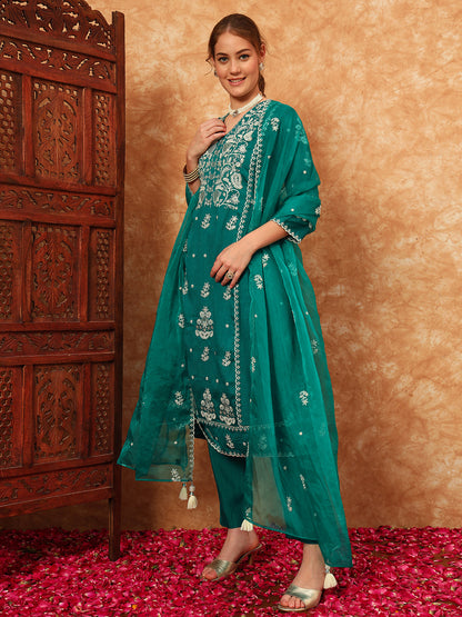 Women's Embroidered Silk Kurta, Pyjama & Dupatta Set