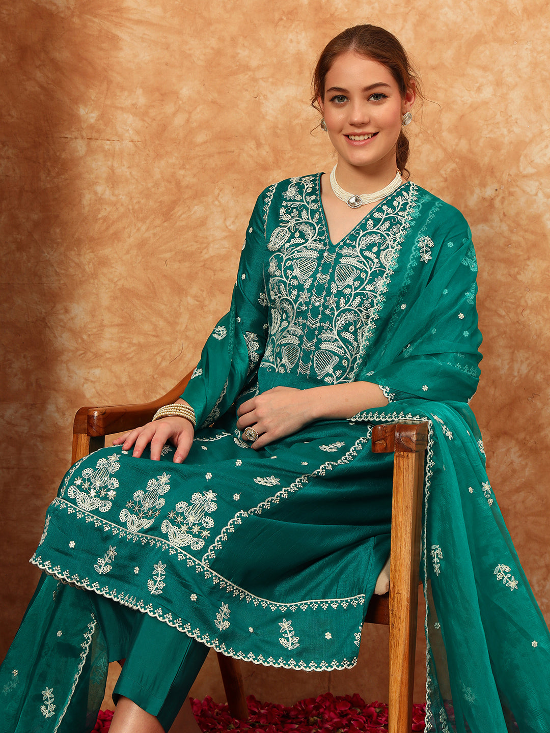 Women's Embroidered Silk Kurta, Pyjama & Dupatta Set