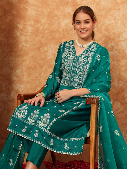 Women's Embroidered Silk Kurta, Pyjama & Dupatta Set