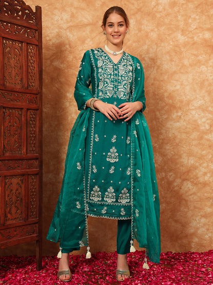 Women's Embroidered Silk Kurta, Pyjama & Dupatta Set