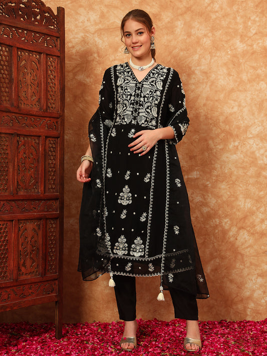 Women's Embroidered Silk Kurta, Pyjama & Dupatta Set