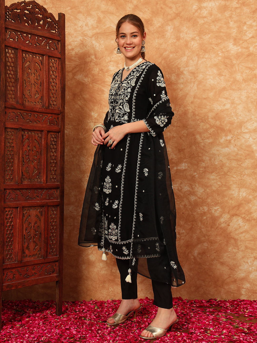 Women's Embroidered Silk Kurta, Pyjama & Dupatta Set