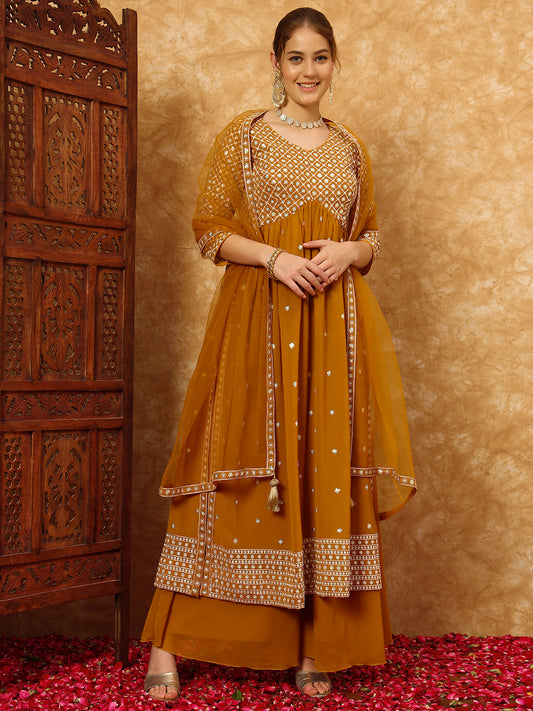 Women's Embroidered Georgette Kurta and Palazzo Set With Dupatta