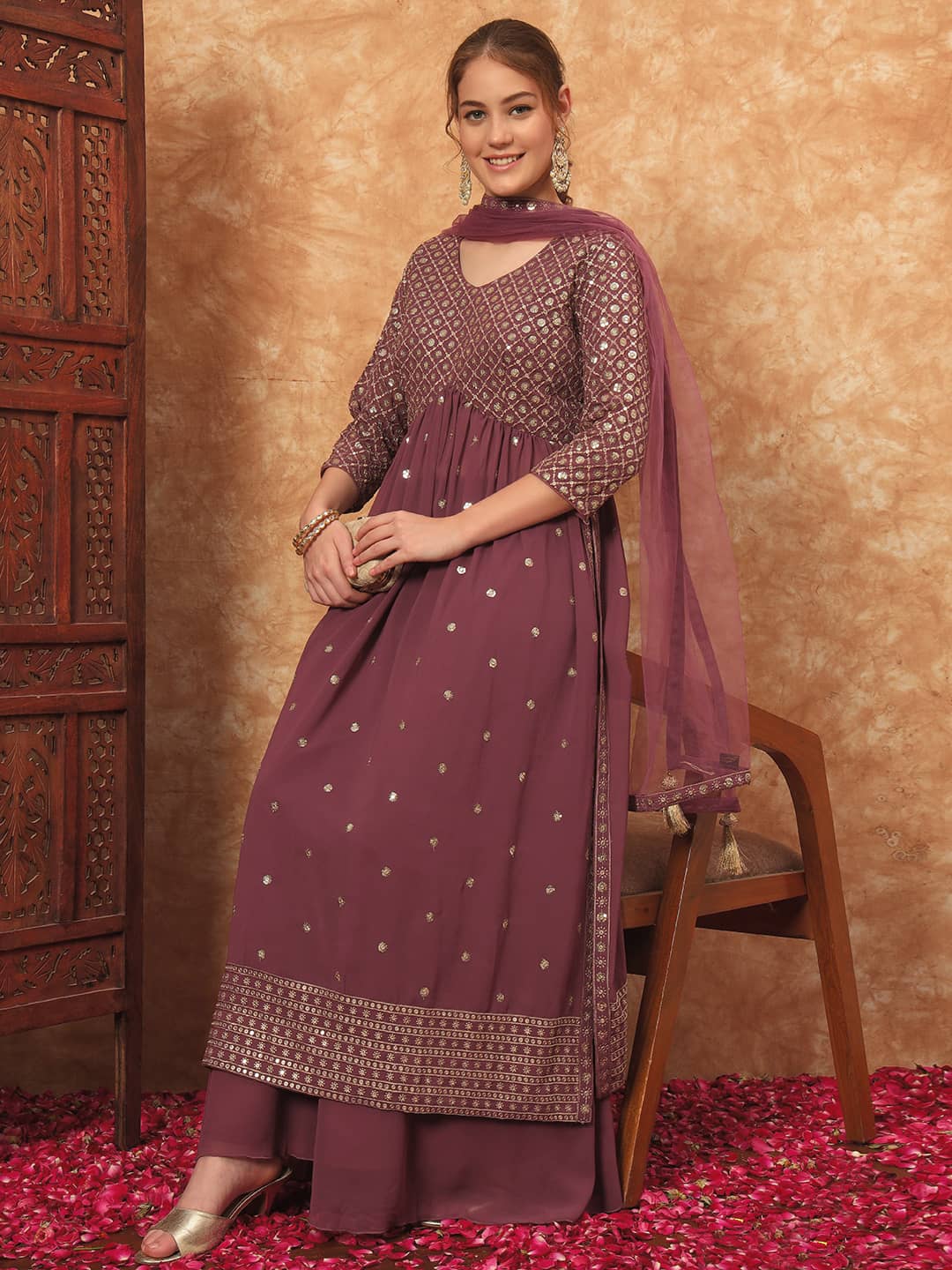Women's Embroidered Georgette Kurta and Palazzo Set