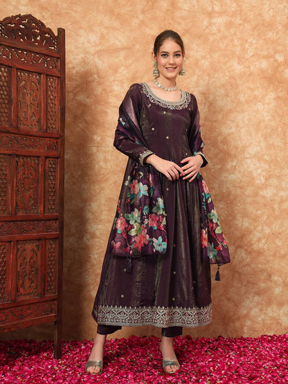 Women's Embroidered Silk Kurta, Pyjama & Dupatta Set