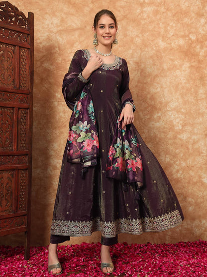 Women's Embroidered Silk Kurta, Pyjama & Dupatta Set