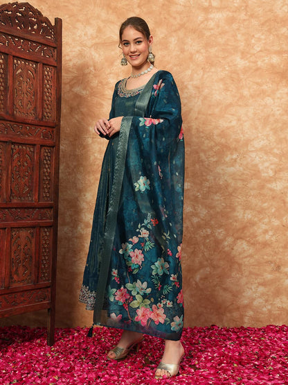 Women's Embroidered Silk Kurta, Pyjama & Dupatta Set