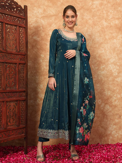 Women's Embroidered Silk Kurta, Pyjama & Dupatta Set