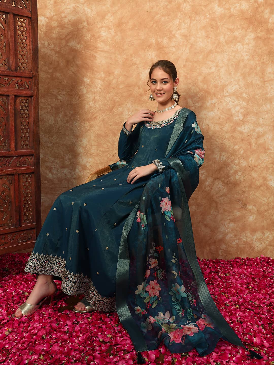 Women's Embroidered Silk Kurta, Pyjama & Dupatta Set