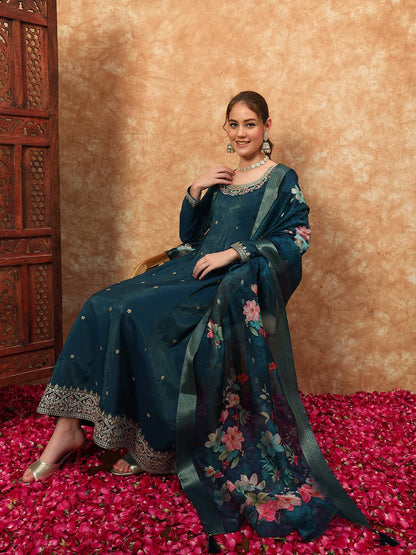 Women's Embroidered Silk Kurta, Pyjama & Dupatta Set