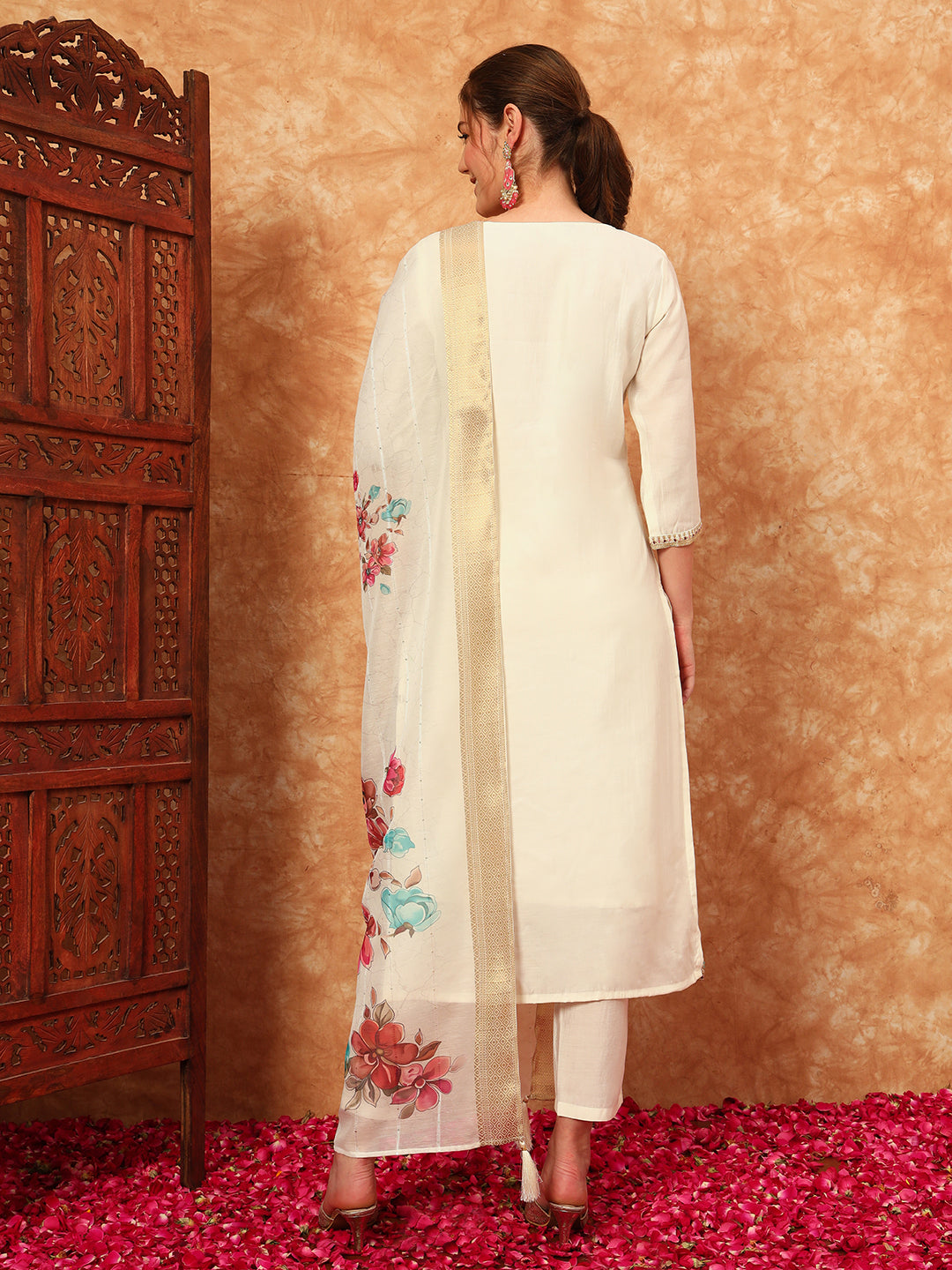 Women's Embroidered Silk Kurta, Pyjama & Dupatta Set