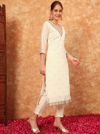 Women's Embroidered Silk Kurta, Pyjama & Dupatta Set