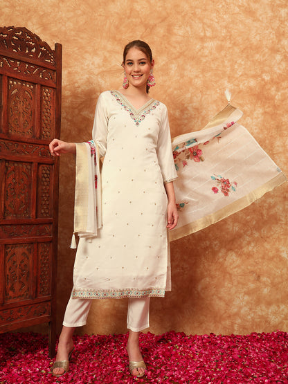 Women's Embroidered Silk Kurta, Pyjama & Dupatta Set