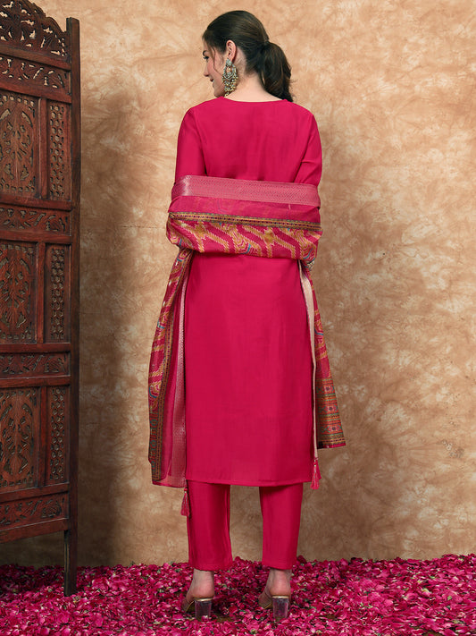 Women's Embroidered Silk Kurta, Pyjama & Dupatta Set