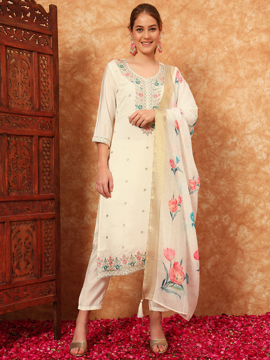 Women's Embroidered Silk Kurta, Pyjama & Dupatta Set